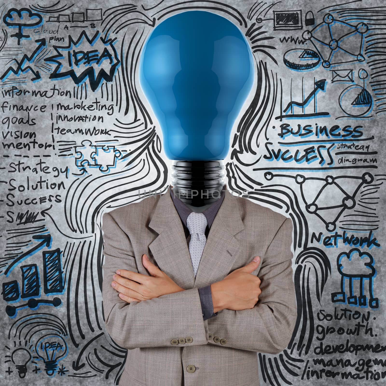 businessman with blue light bulb head as concept