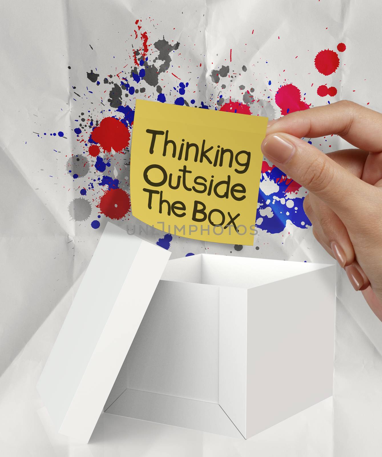 thinking outside the box and splash colors crumpled paper as con by everythingpossible