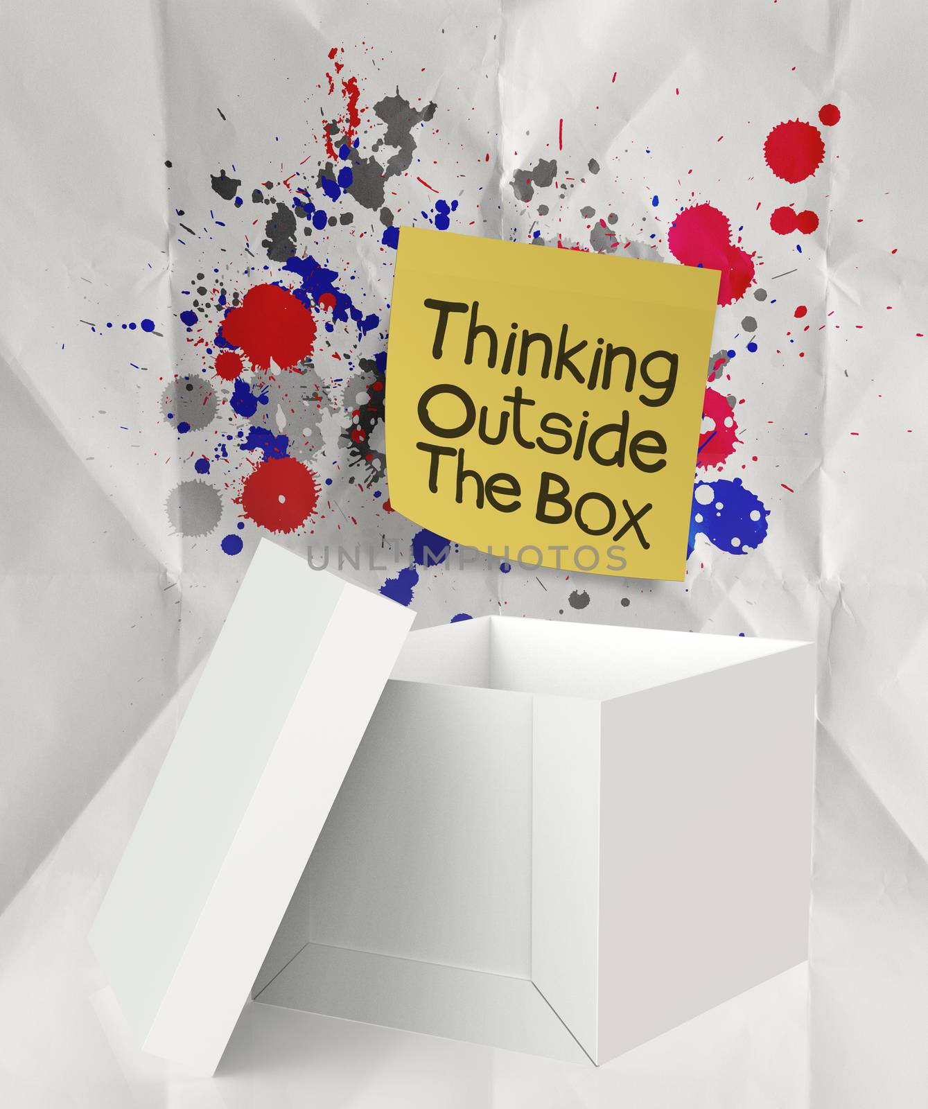 thinking outside the box and splash colors crumpled paper as con by everythingpossible
