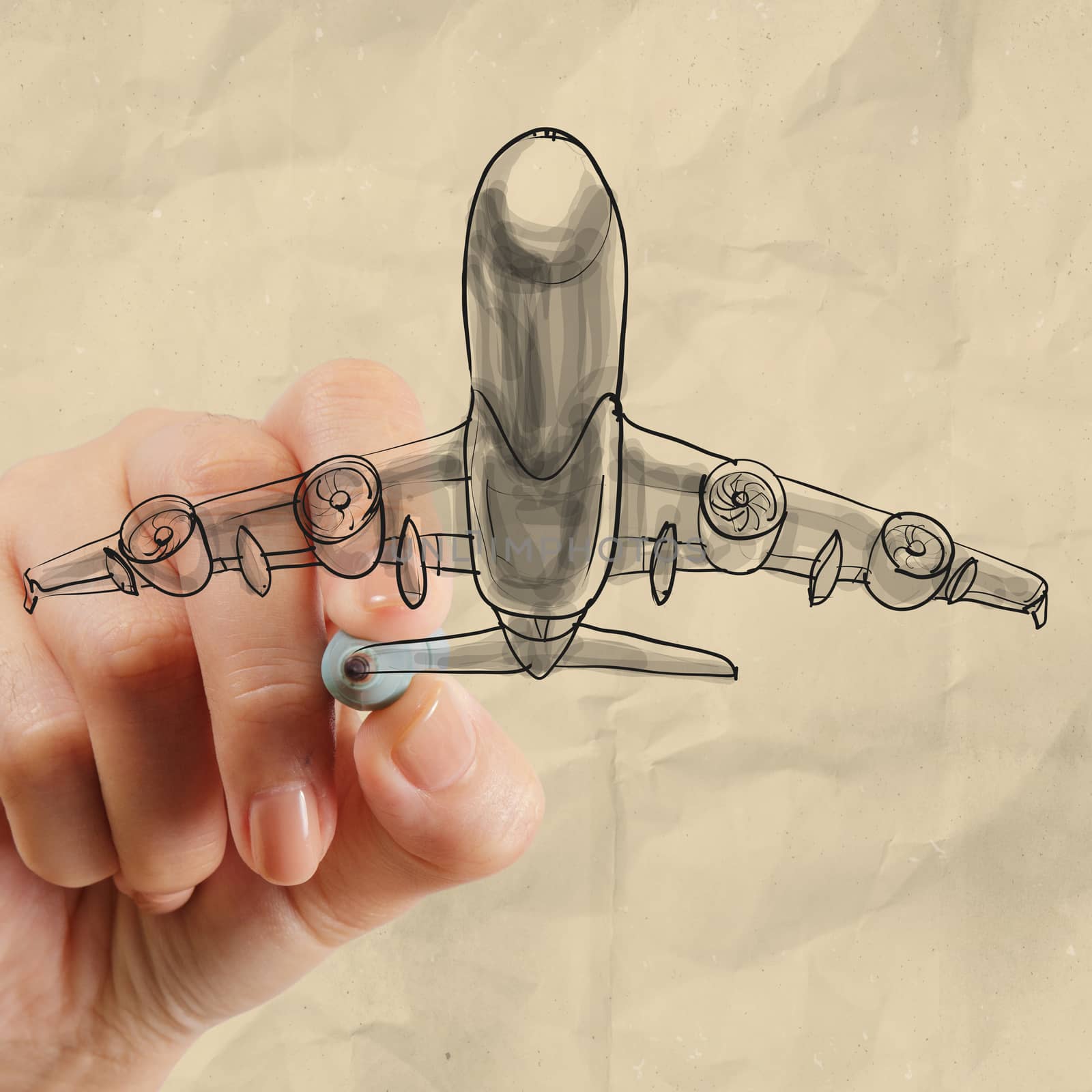 hand drawing airplane with crumpled paper background as concept