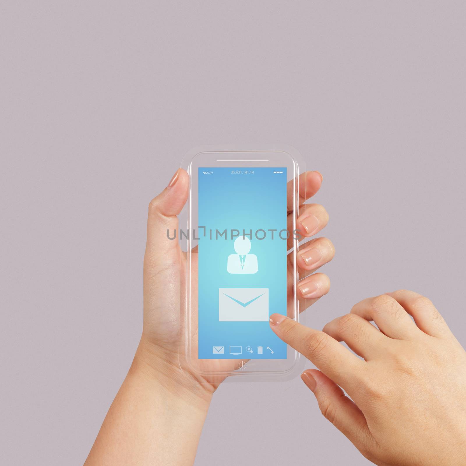 hand use Touch screen mobile phone with email icon as concept 