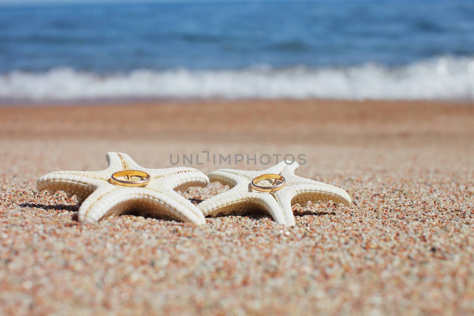 Starfish with wedding rings on the beach. Summer vacation concept. Family holidays by the sea. High quality photo