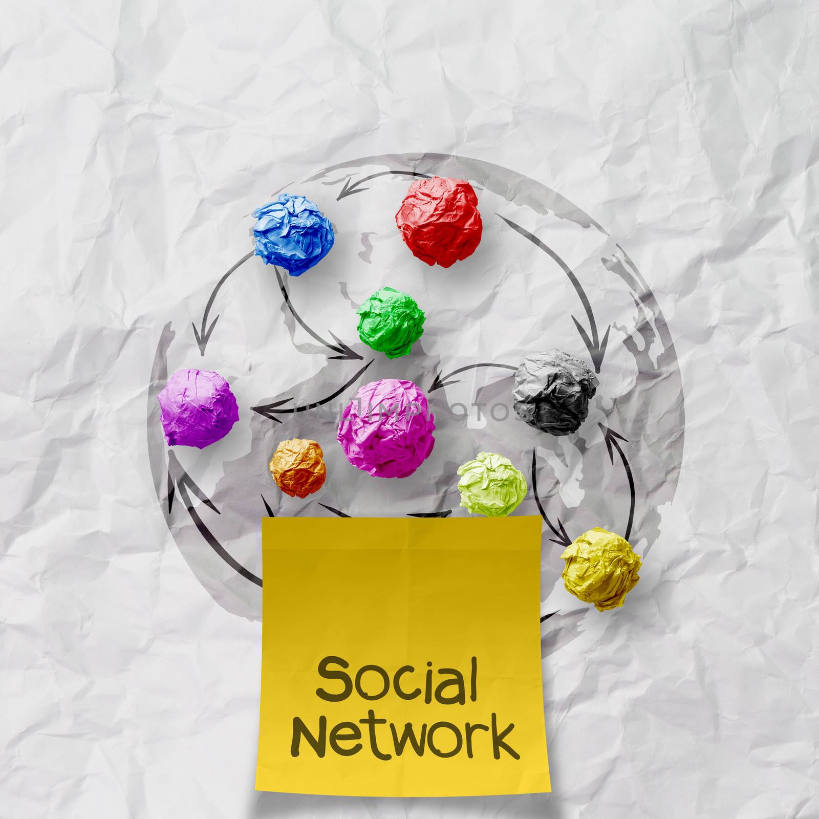 hand pushing sticky note social network on crumpled paper background as concept