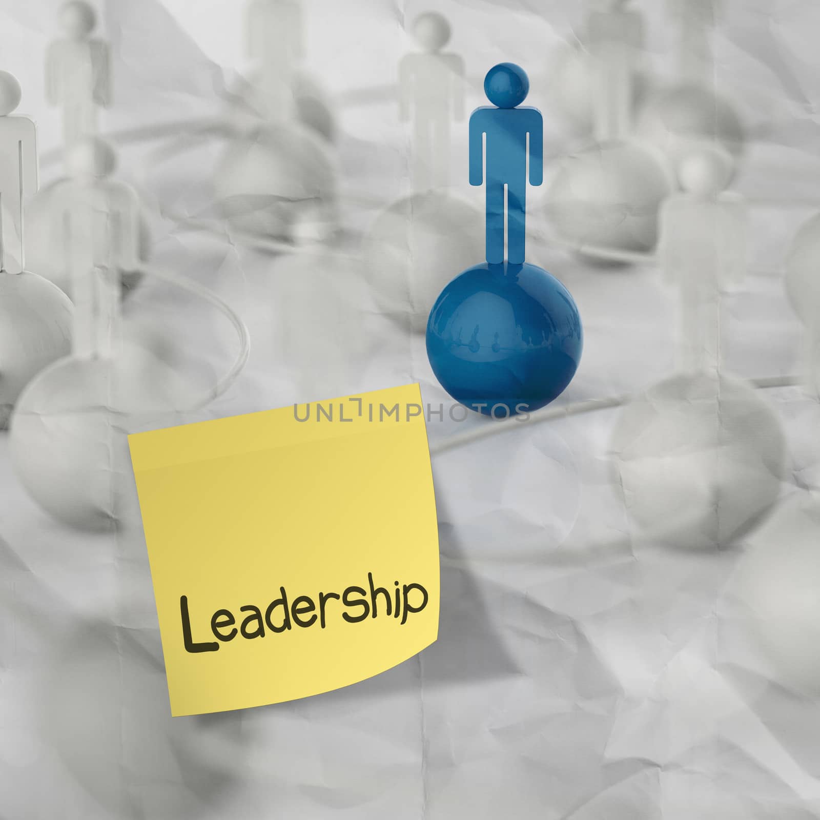 sticky note and leadership  3d  human social network  on crumpled paper background as concept