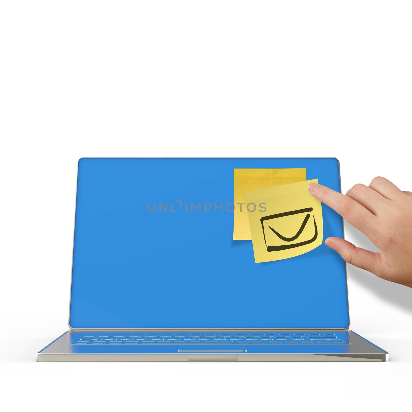  e-mail sign on sticky note on 3d laptop computer as concept