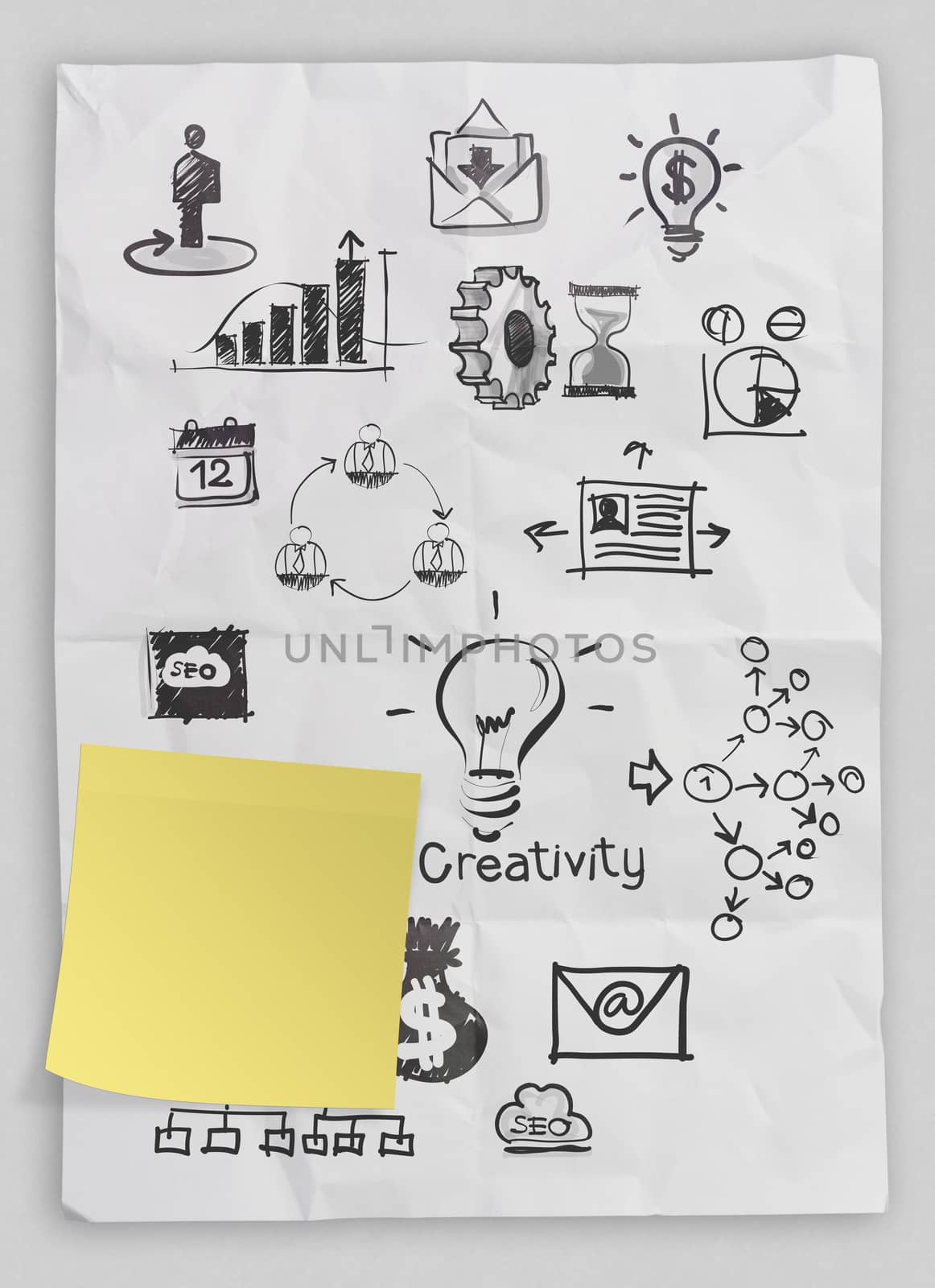 business concept on crumpled paper and sticky note background 
