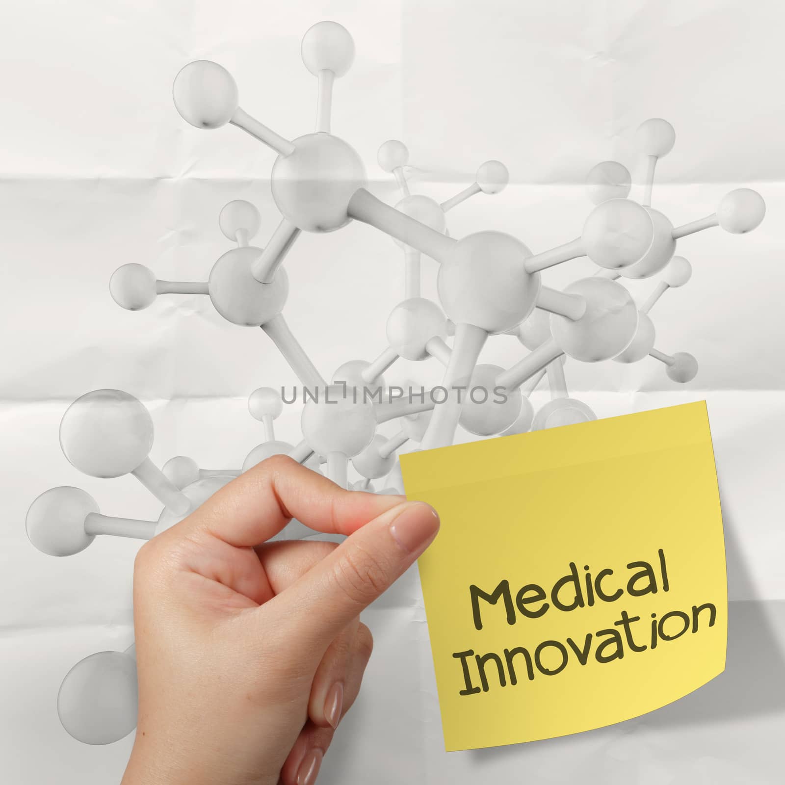hand holding meducal innovation on sticky note Molecule white 3d by everythingpossible