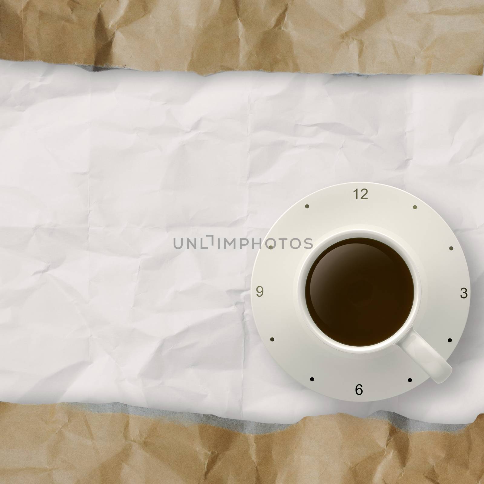 3d cup of coffee and clock on crumpled paper background as concept