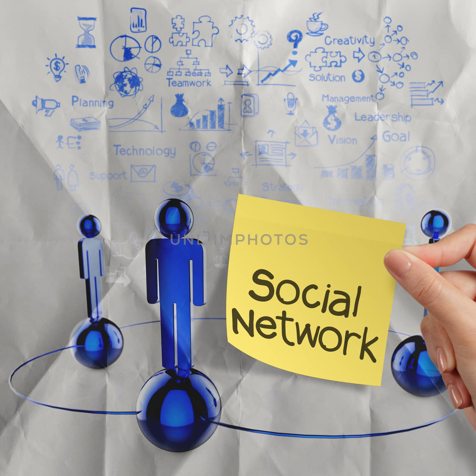  hand holding sticky note human social network  on crumpled pape by everythingpossible