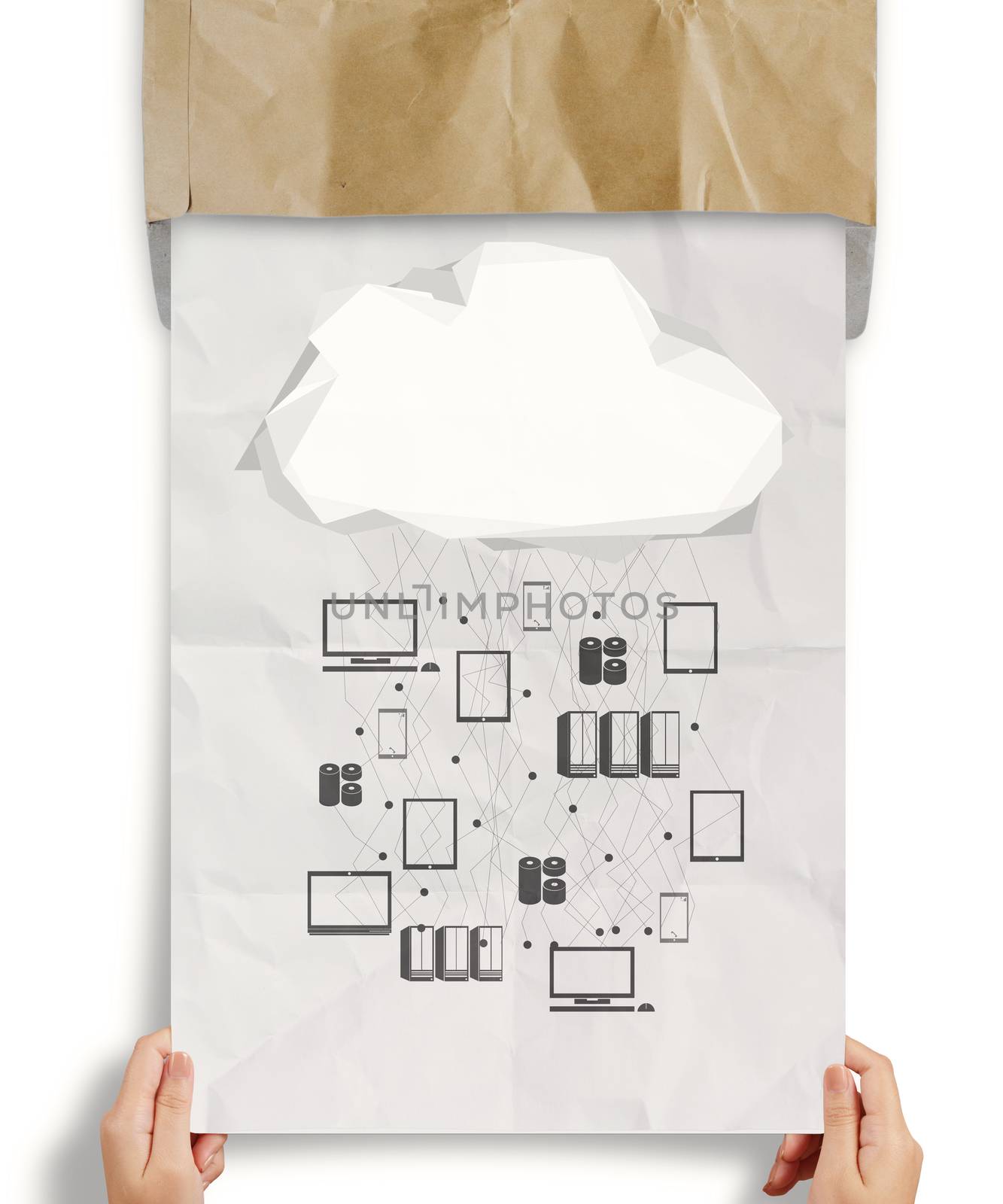 hand shows  crumpled paper Cloud Computing diagram as concept