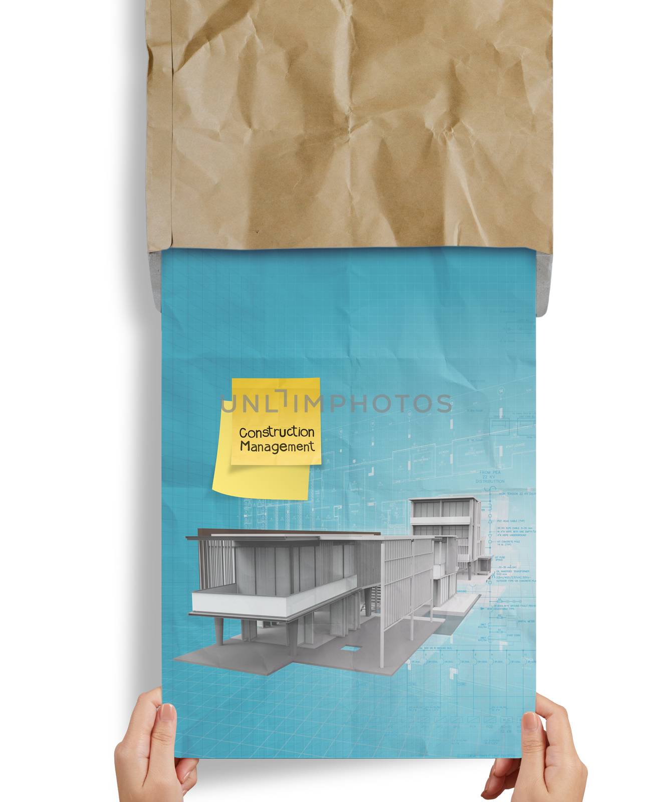 hand show sticky note modern house crumpled paper from recycle envelope as creative concept