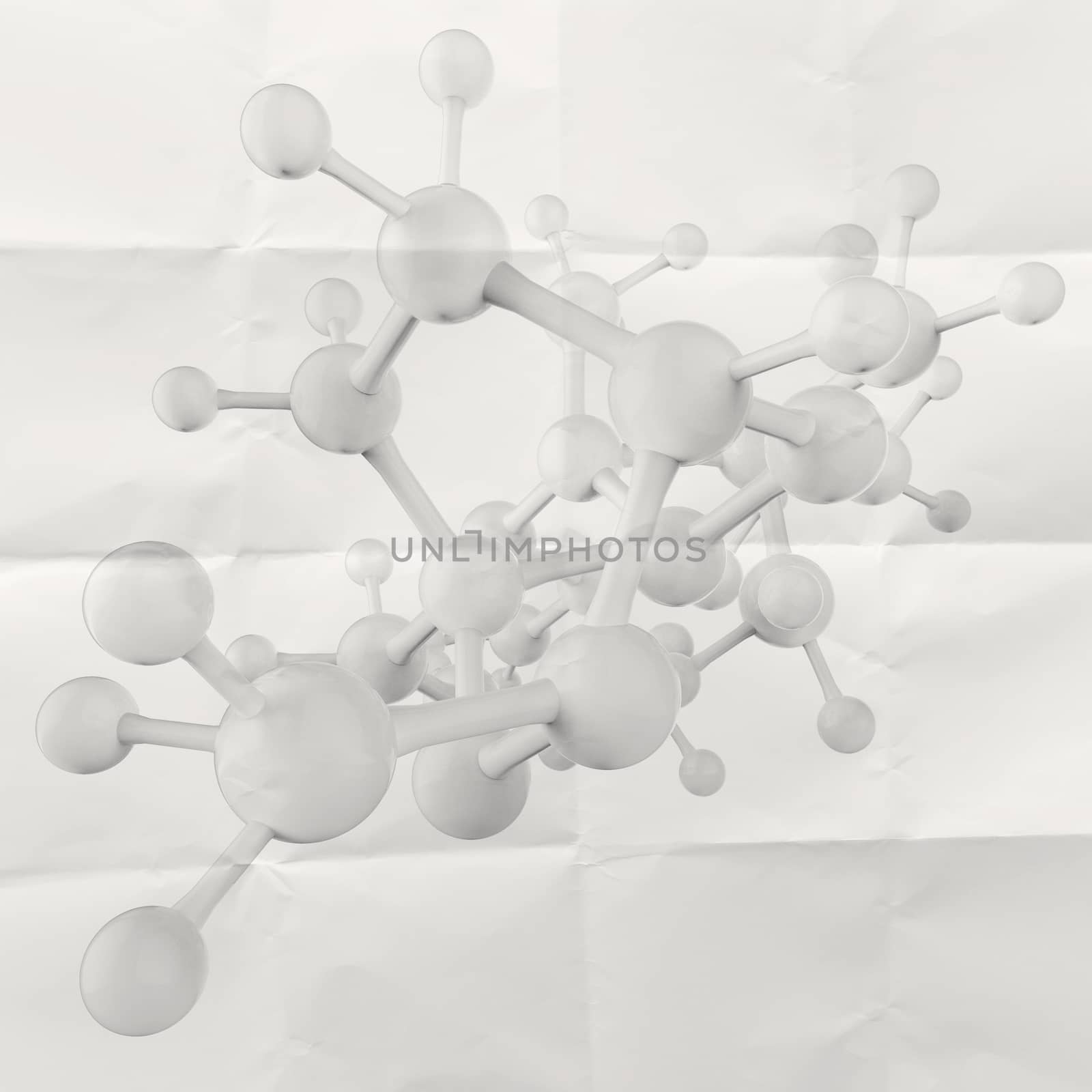 Molecule white 3d on crumpled paper background as concept