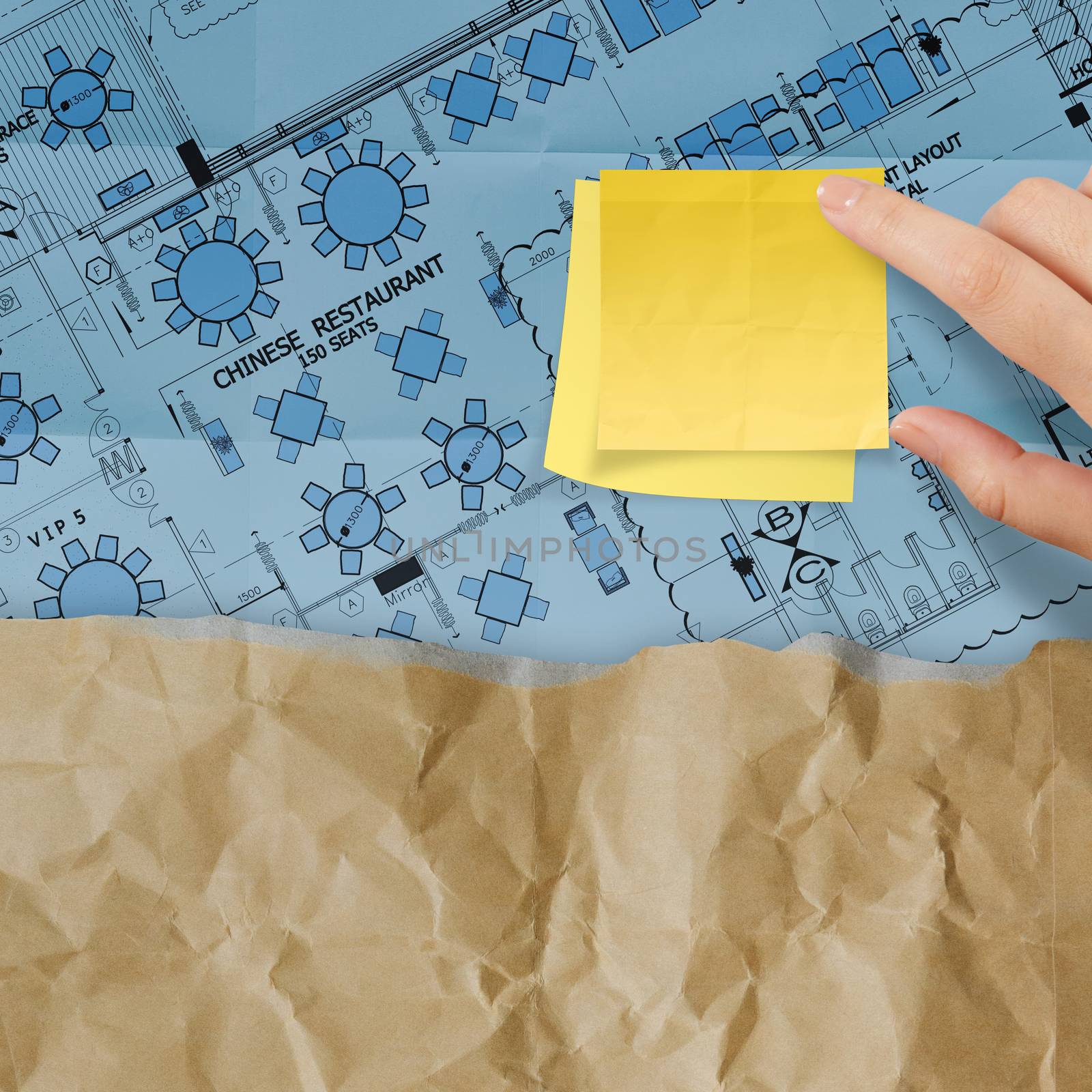  great job word with sticky note on construction site and layout plan crumpled paper recycle envelope