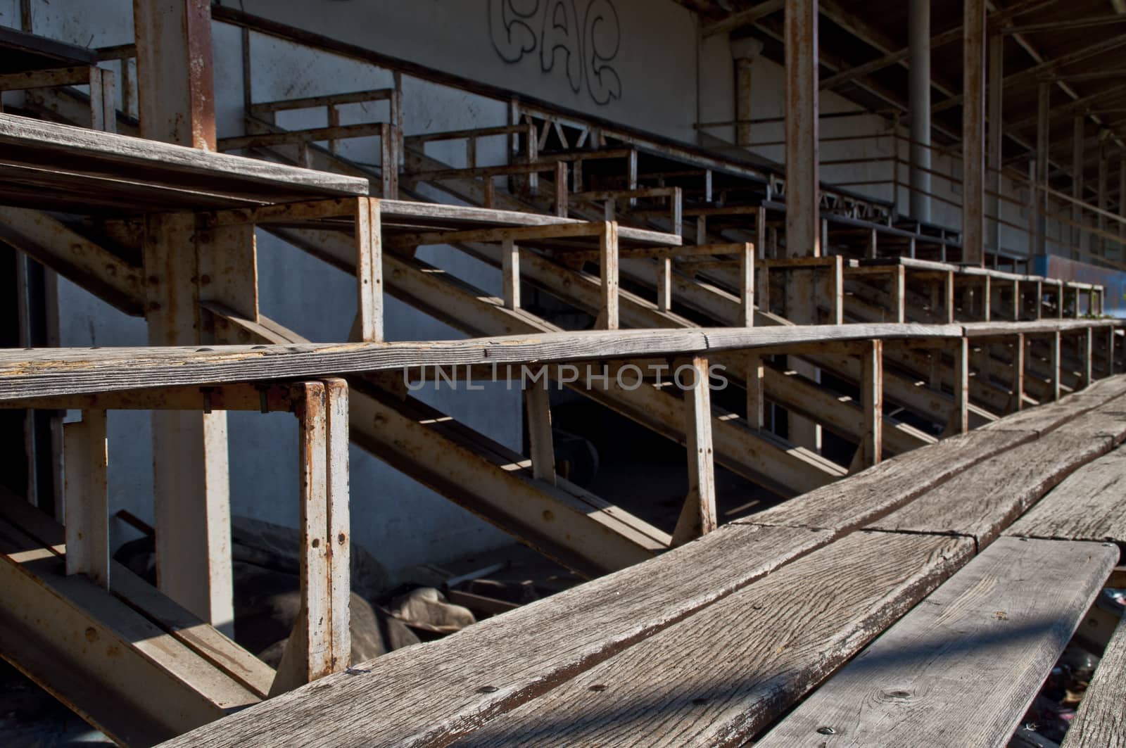 The main stand of the demolished Stade de la Palla football stadium in Valence, France.