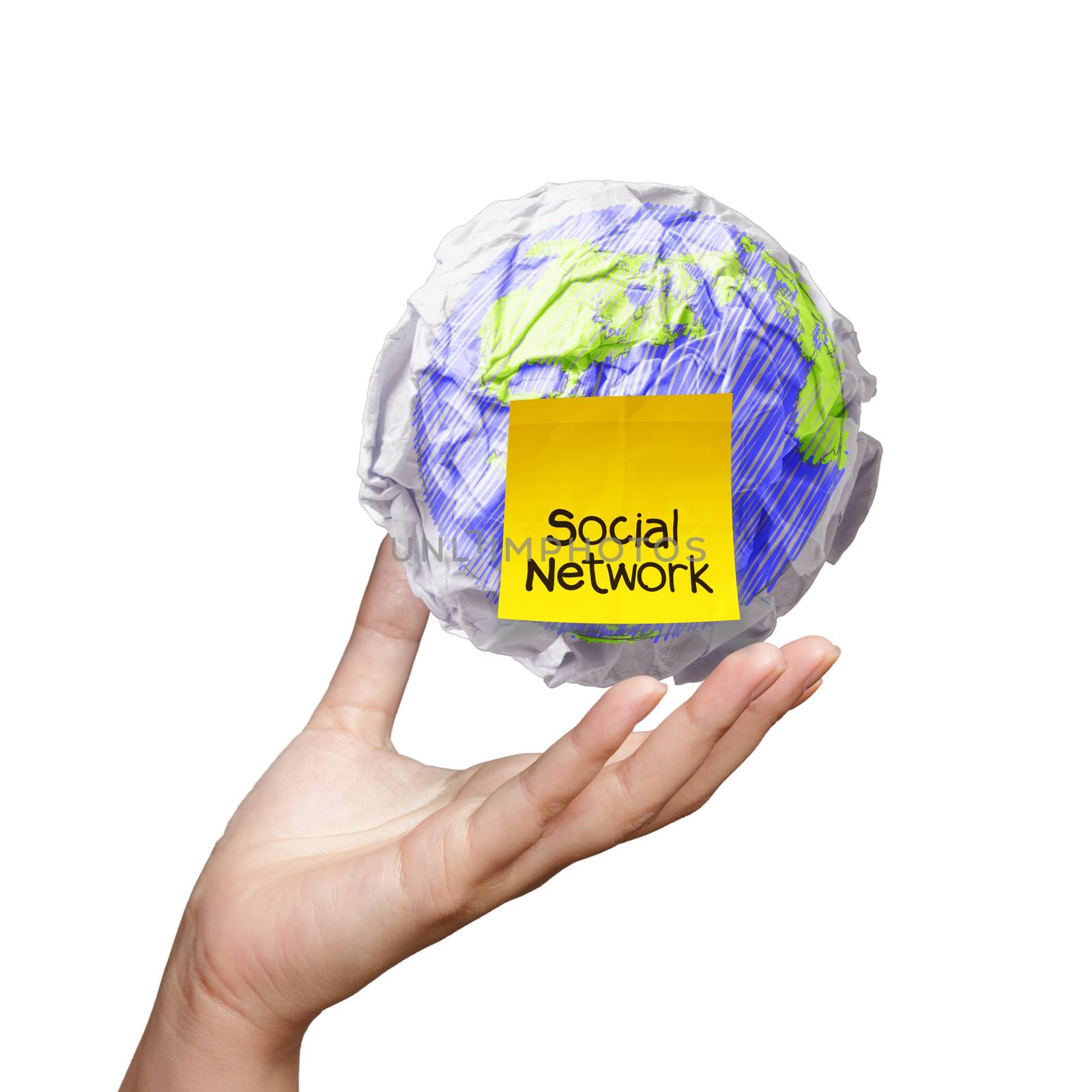 hand show crumpled world and social network sticky note as conce by everythingpossible