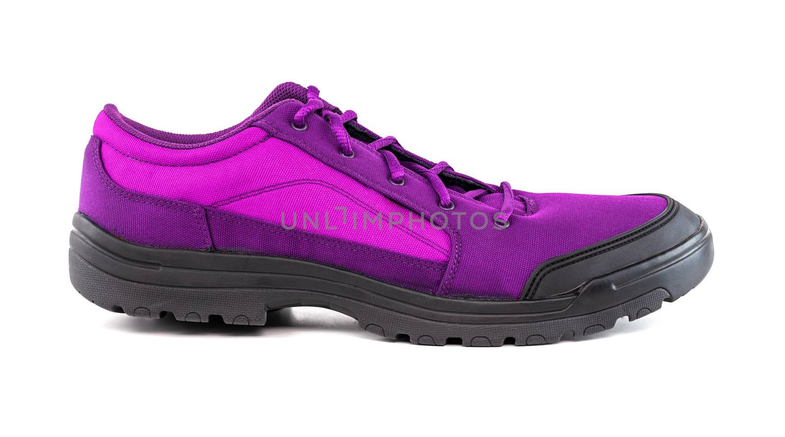 right cheap purple hiking or hunting shoe isolated on white background.