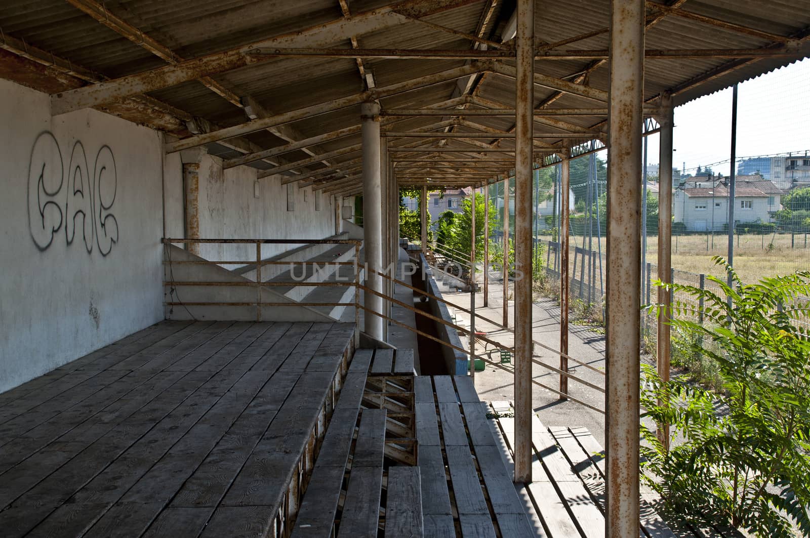 The main stand of the demolished Stade de la Palla football stadium in Valence, France.