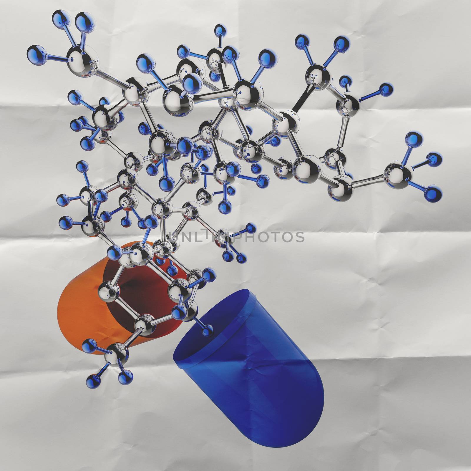 medical capsule and molecule structure on crumpled paper as concept