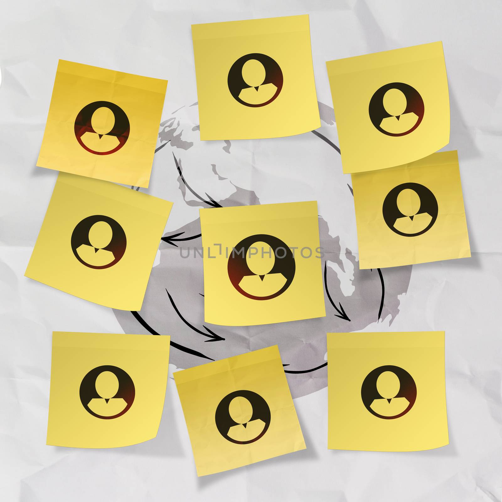  sticky note social network icon on crumpled paper background as concept