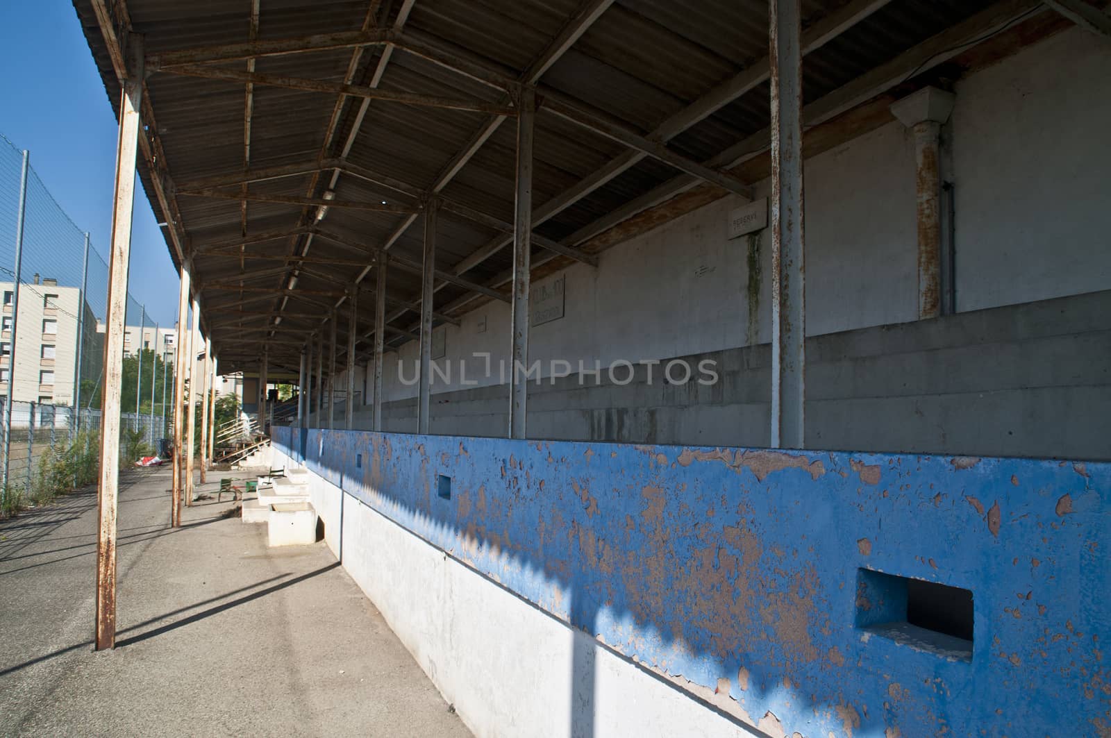 The main stand of the demolished Stade de la Palla football stadium in Valence, France.