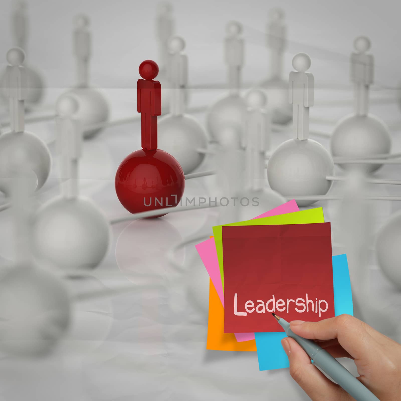 sticky note and leadership 3d human social network on crumpled paper background as concept