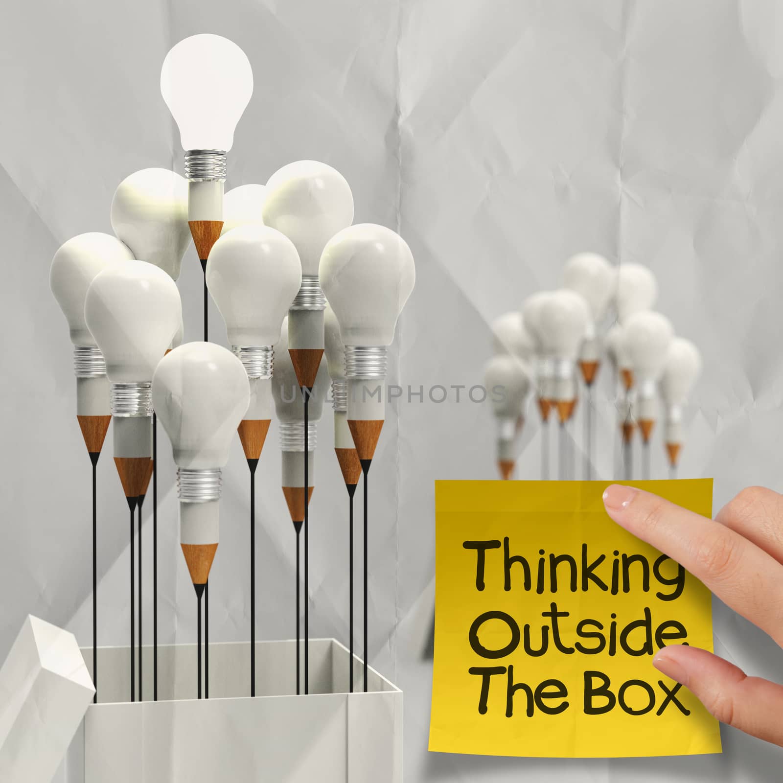 thinking outside the box on sticky note and pencil lightbilb as  by everythingpossible