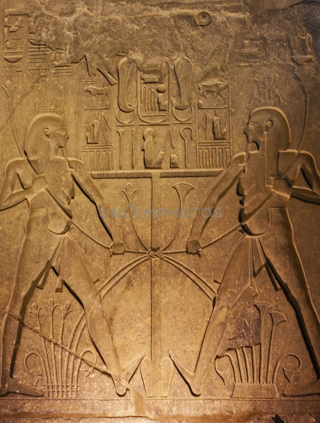 Large hieroglyphic carvings on wall at ancient egyptian Luxor Temple lit up during night background wallpaper