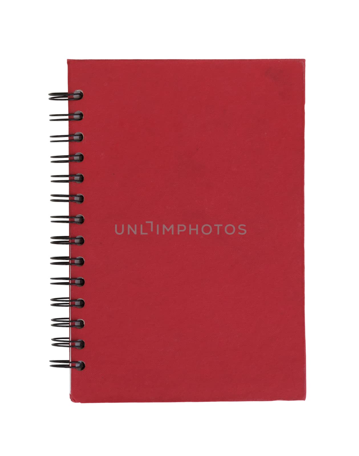 old red note book with crumpled paper white background 