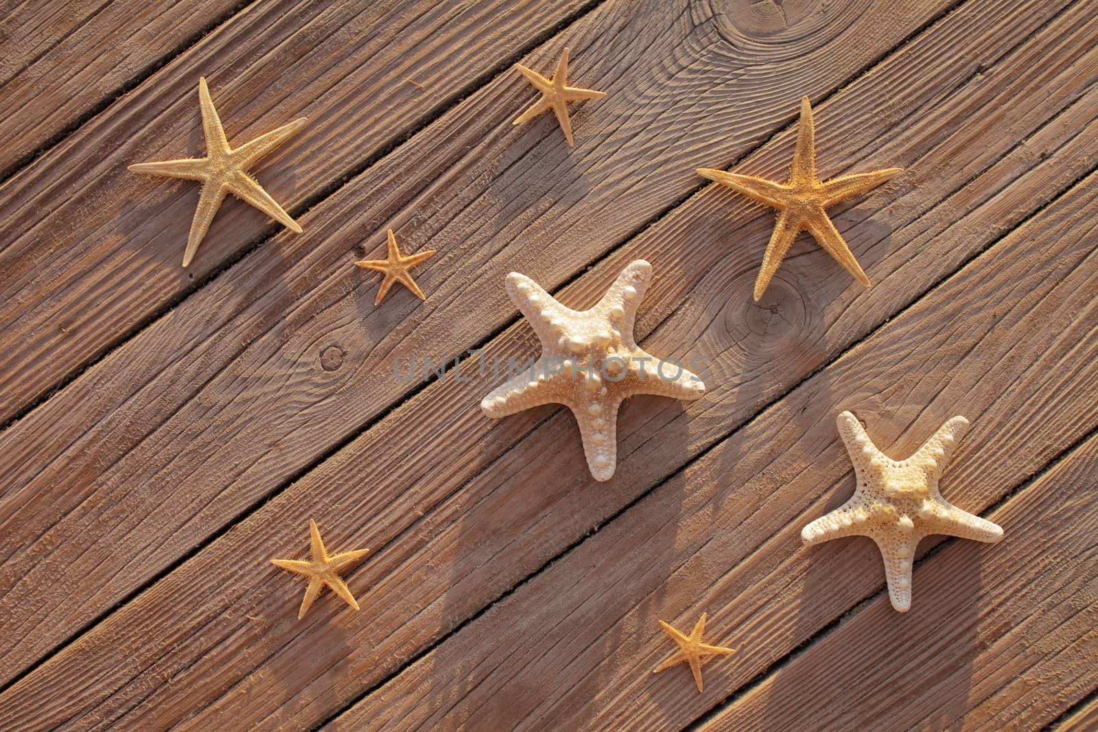 Starfish on a wooden pier poured over a wooden deck. Summer vacation concept. Holidays by the sea. High quality photo