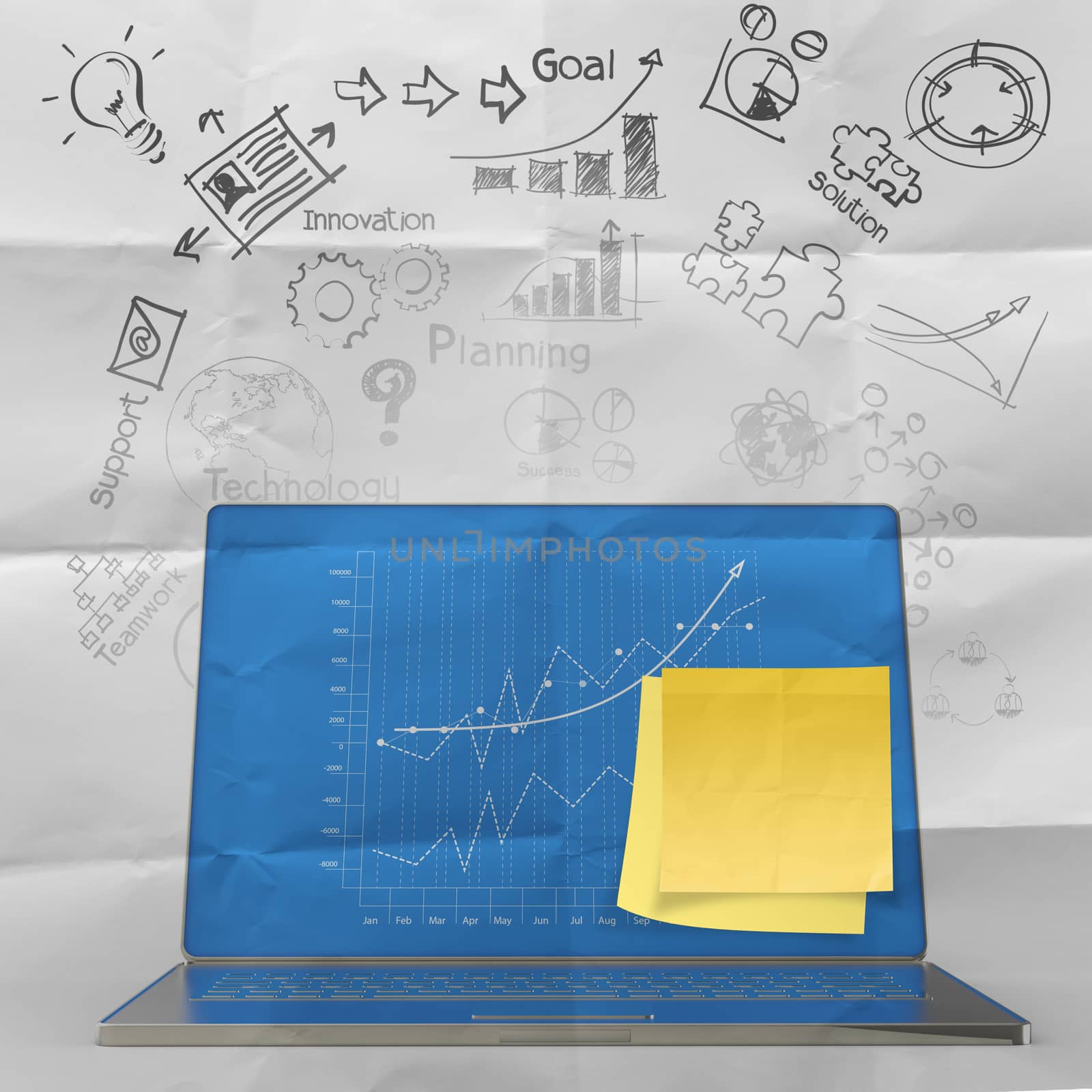 sticky note on crumpled paper with laptop computer and  business diagram as concept