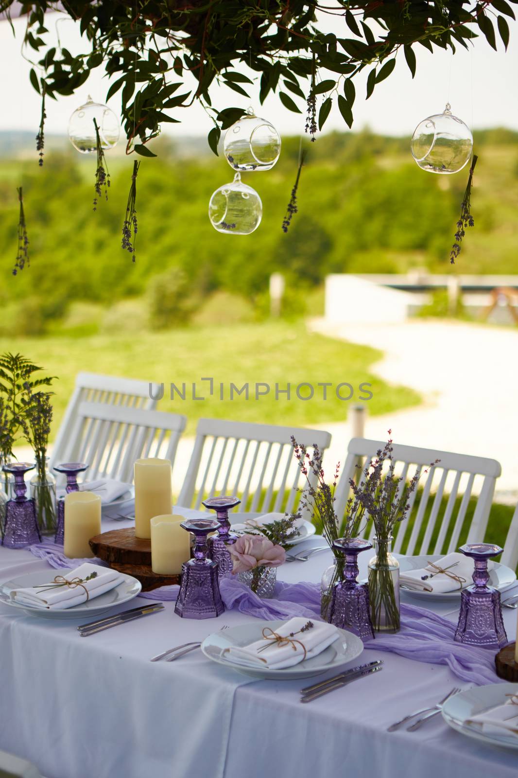 Table set for wedding or another catered event dinner. Shallow dof