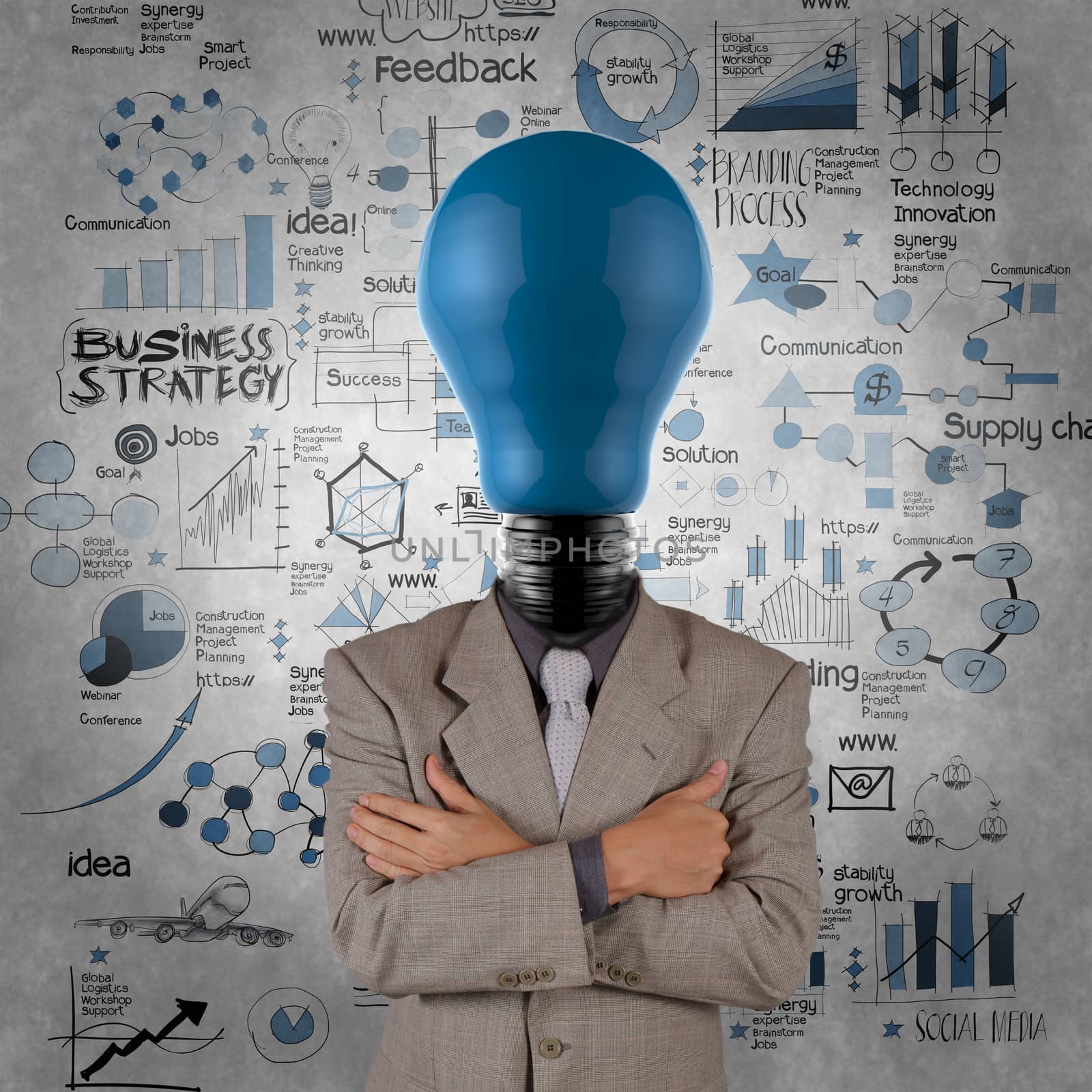 businessman light bulb 3d blue head with business strategy backg by everythingpossible