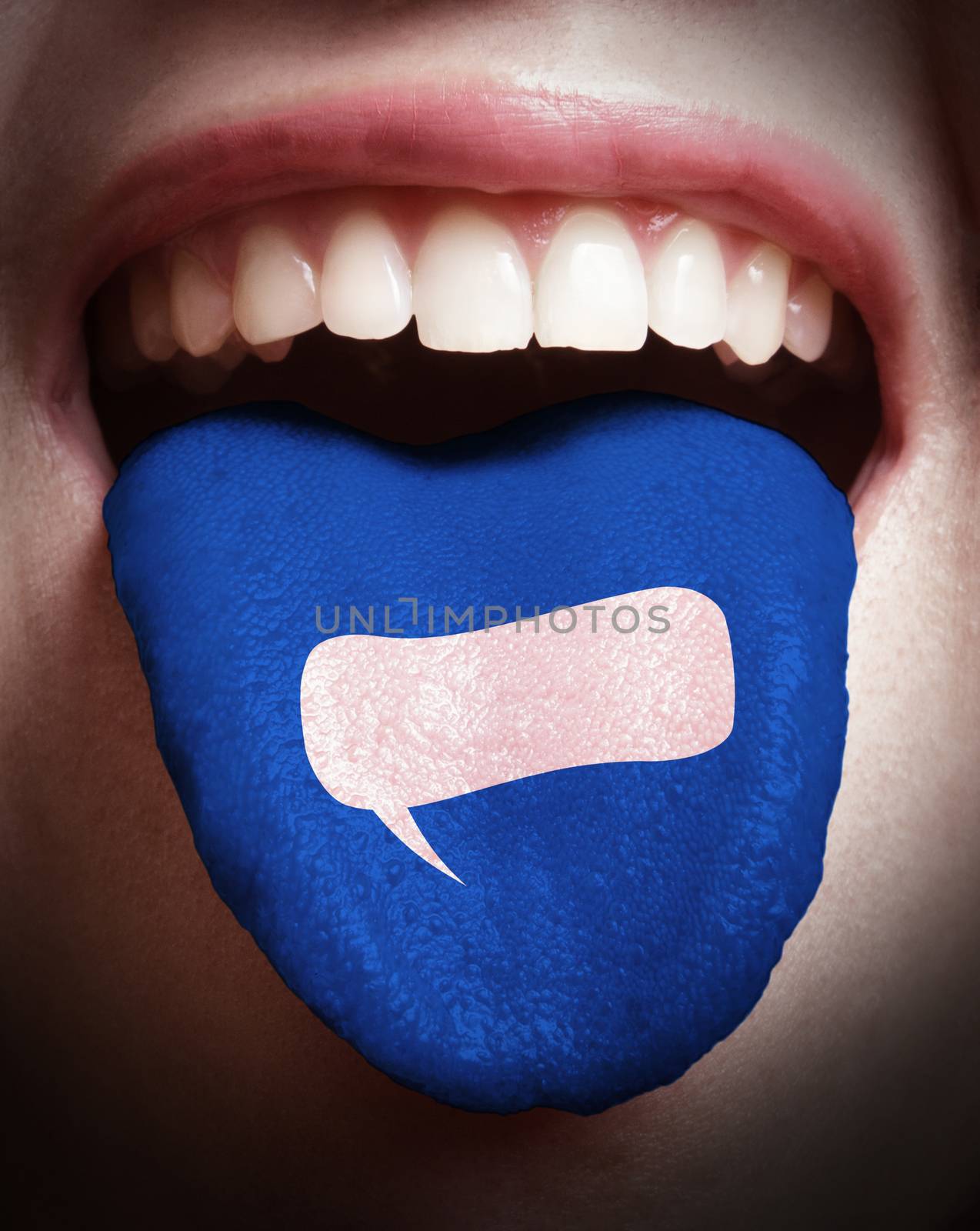 woman with open mouth spreading tongue colored in speech bubble icon as concept