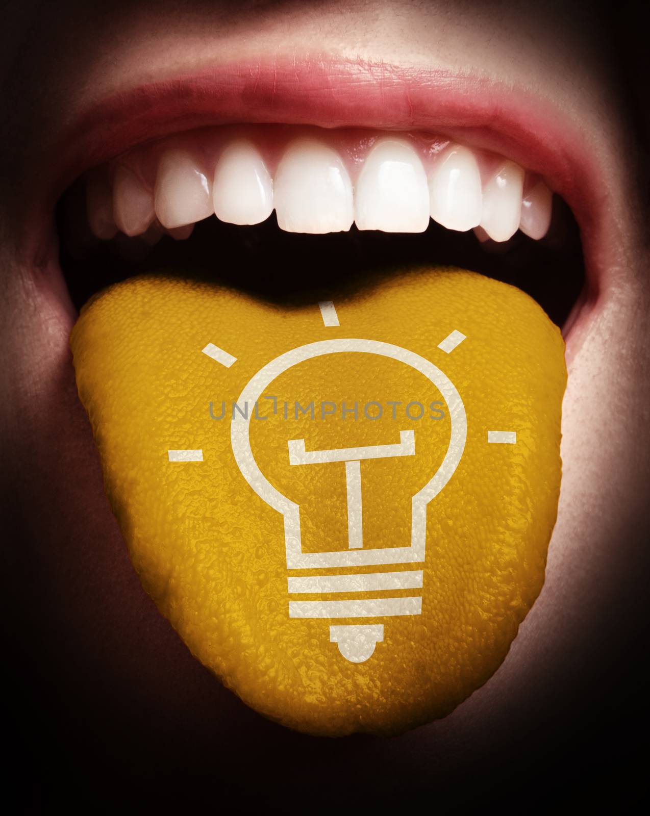 woman with open mouth spreading tongue colored in blue and lightbulb as concept