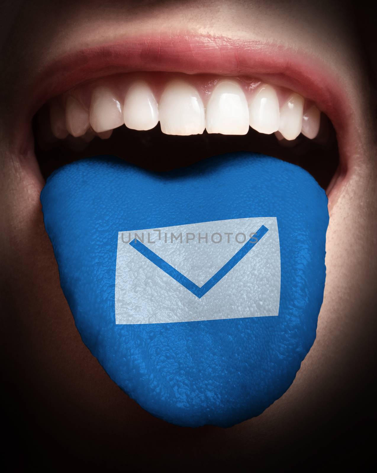 woman with open mouth spreading tongue colored in email icon as concept