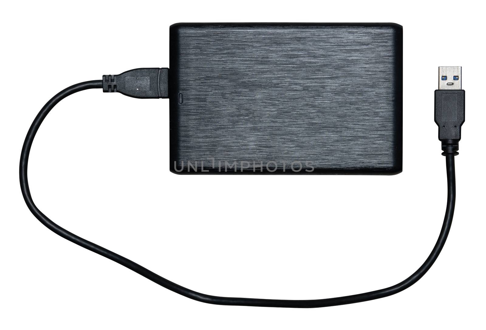 Isolated Black External Hard Disk (HDD) With USB Cable On A White Background