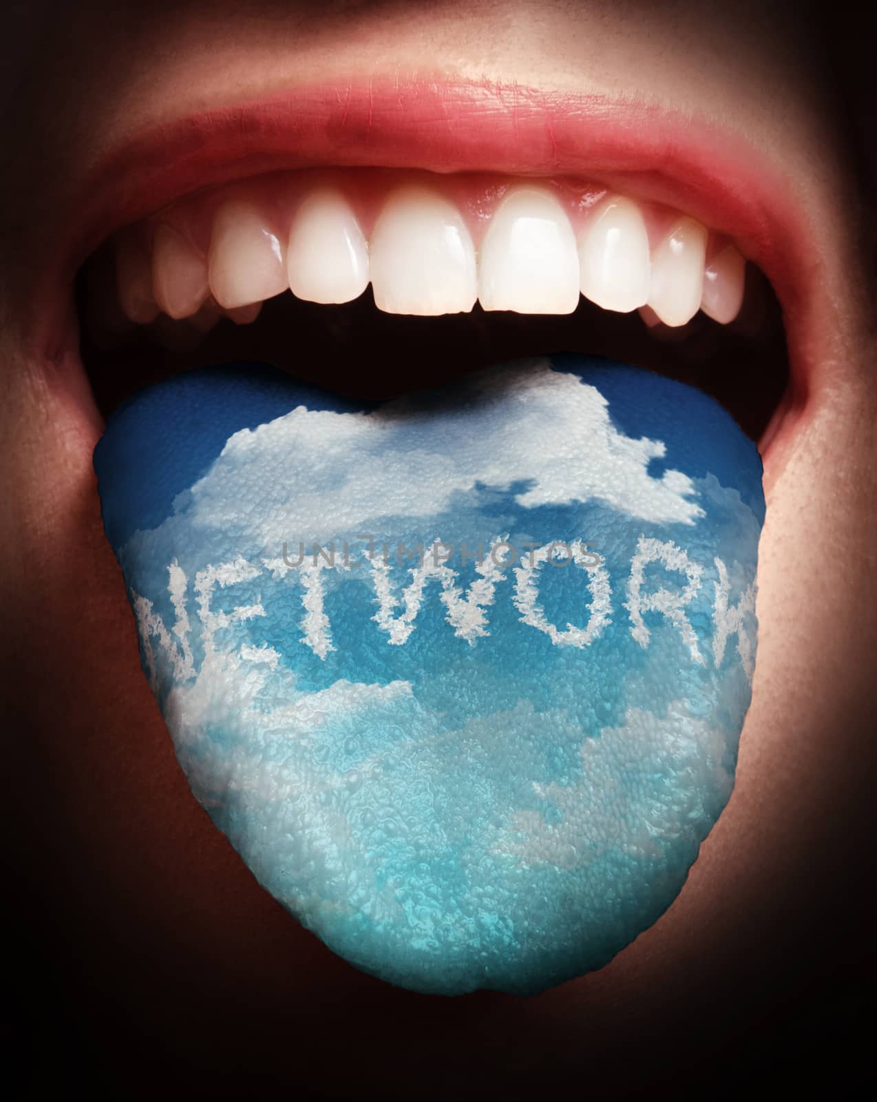 woman with open mouth spreading tongue colored in cloud networking as concept