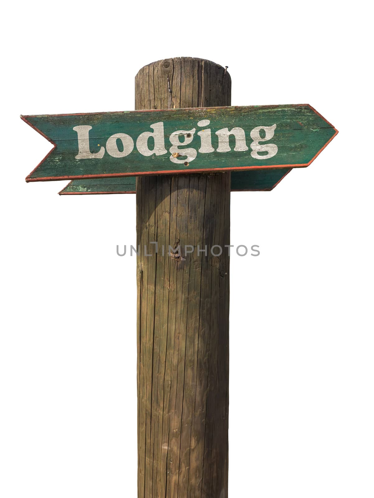 Isolated Wooden Sign Pointing To Lodging With A White Background