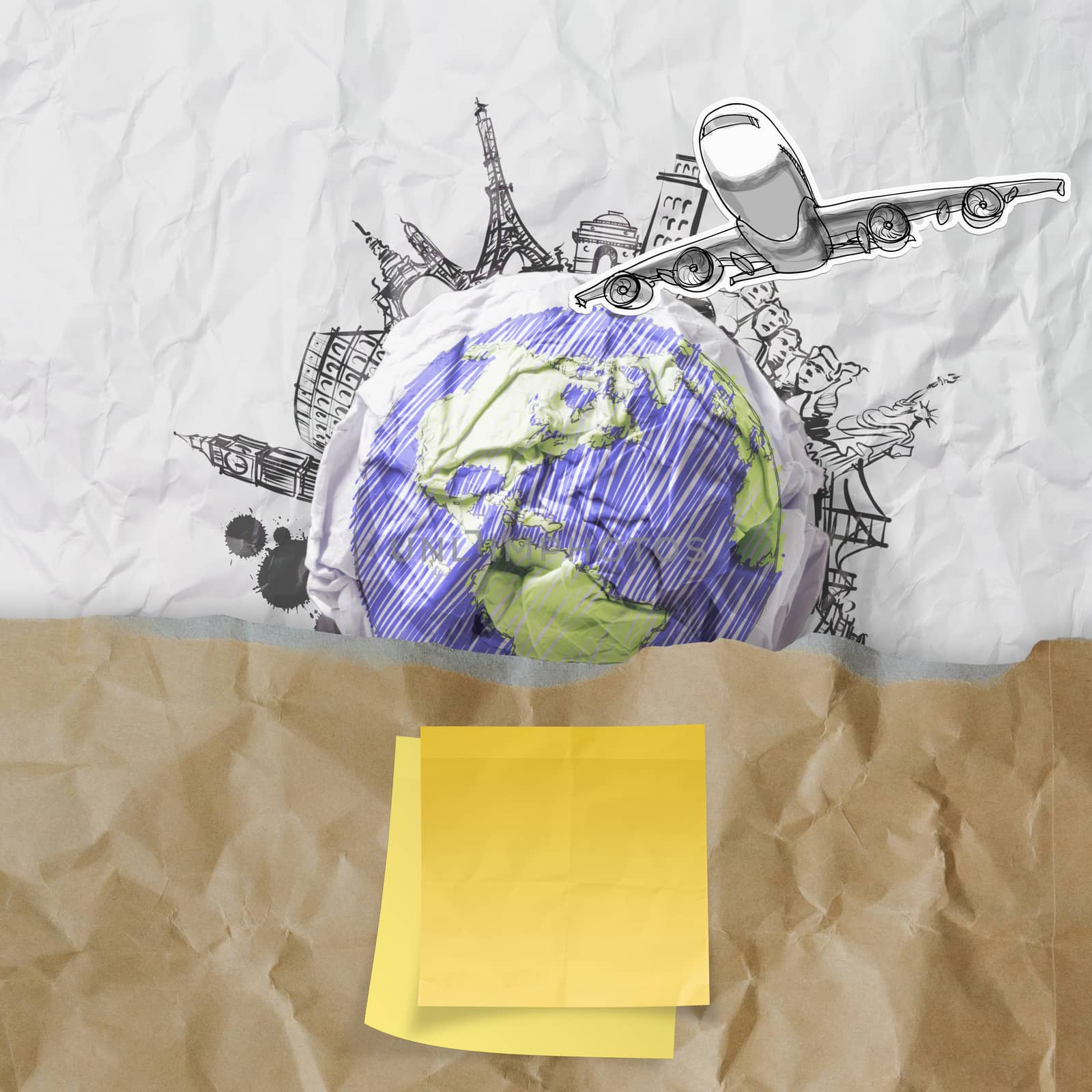 sticky note on recycle envelope with crumpled paper and travelin by everythingpossible