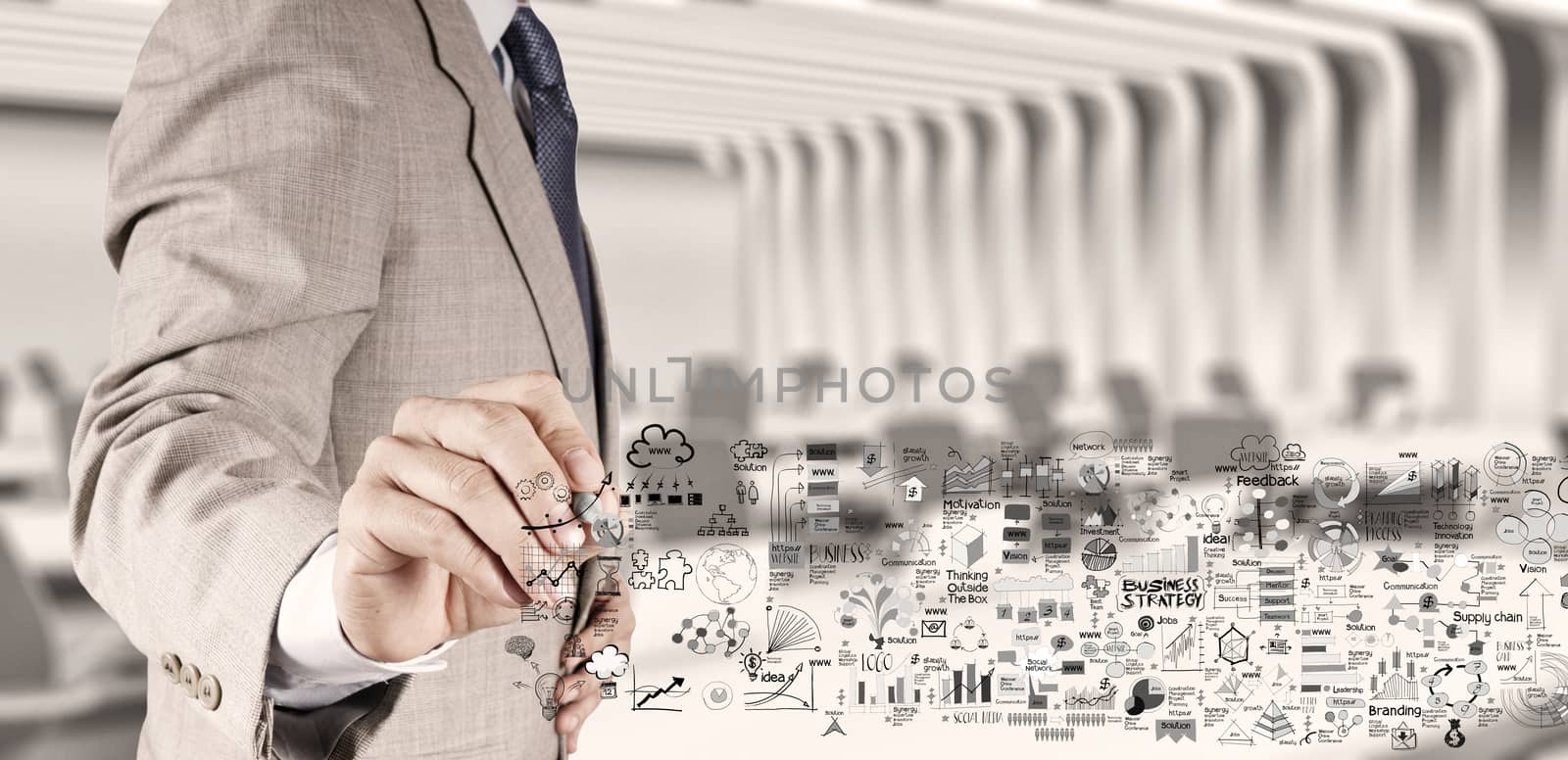 businessman hand working with new modern computer and business strategy as concept