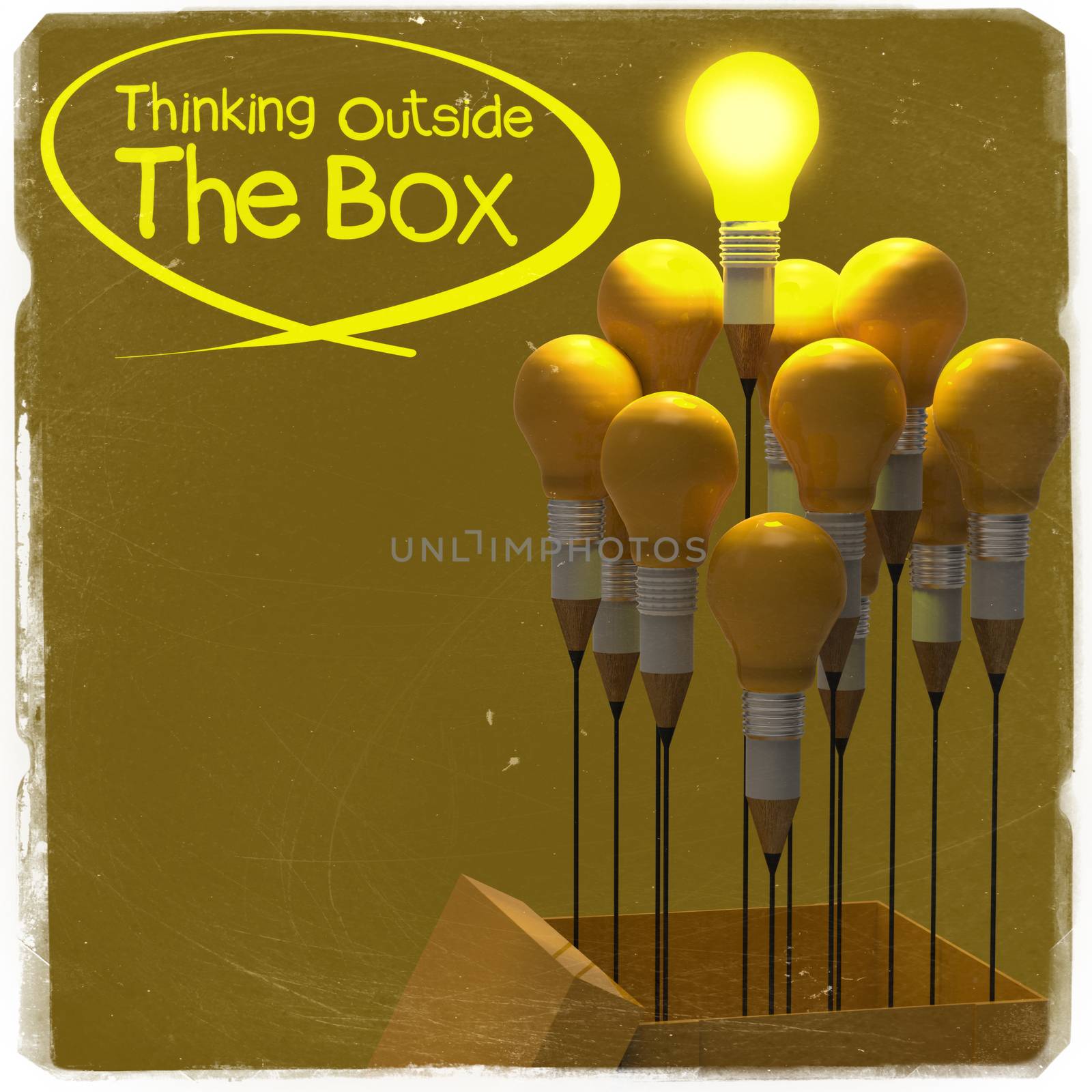 drawing idea pencil and light bulb concept outside the box as creative and leadership as vintage style