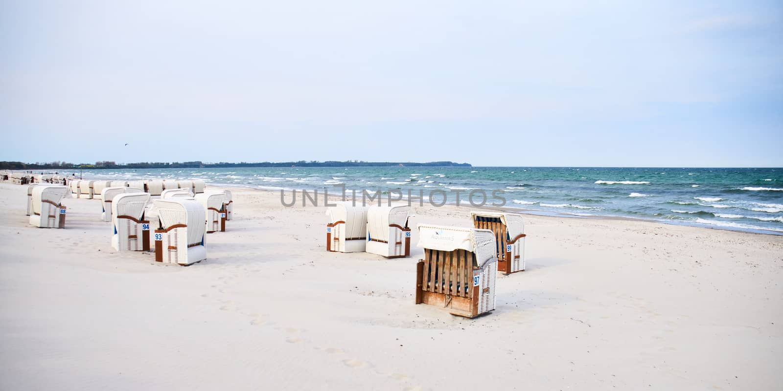 Wooden beach chairs, white sand beach, Rugen Island, Germany