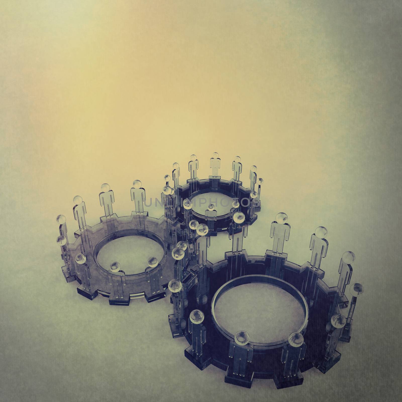 Model of 3d figures on connected cogs as vintage style concept