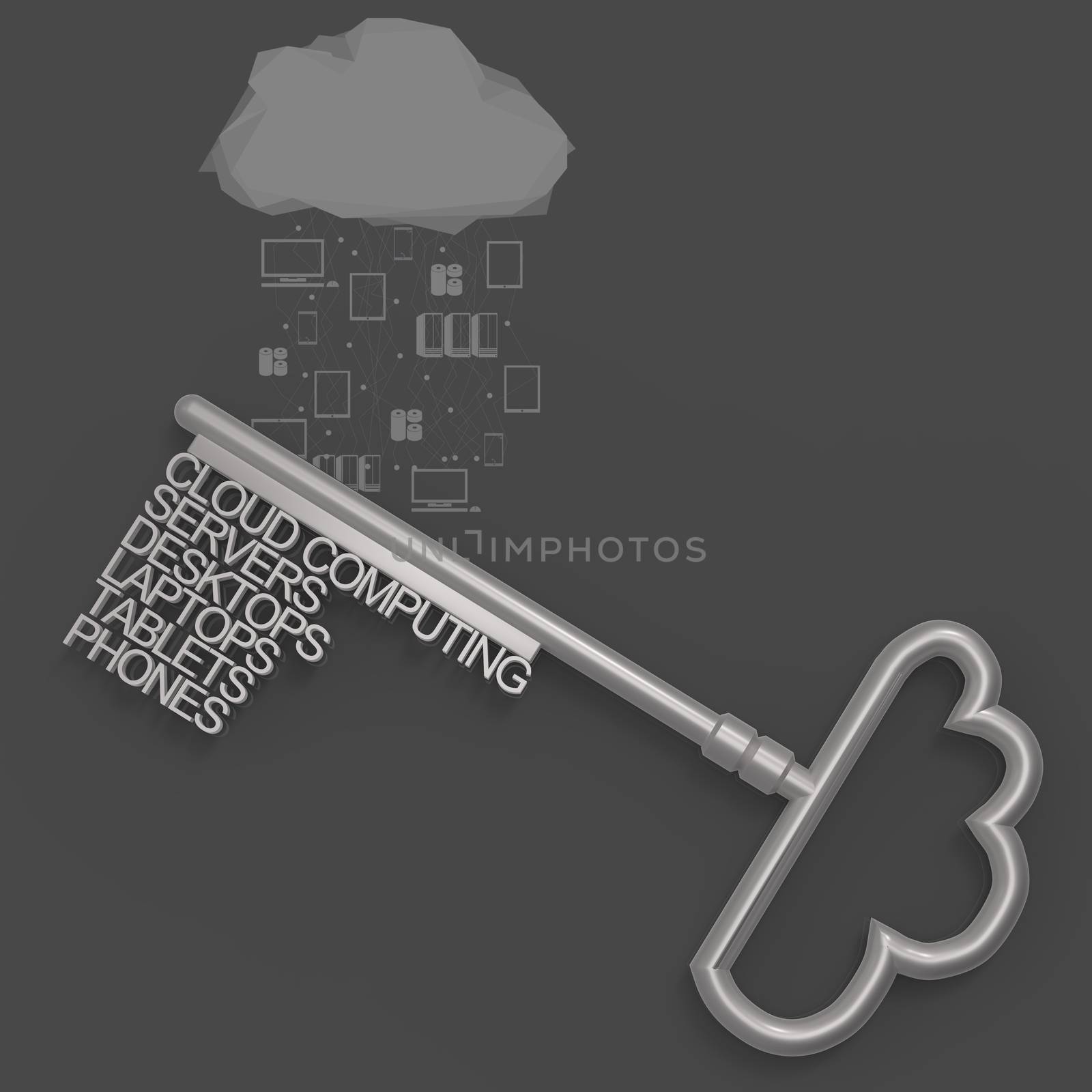 Cloud computing diagram with metallic cloud and the key as concept