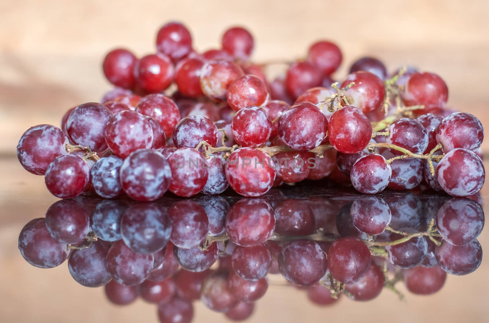 reflections of red grapes against a gold background