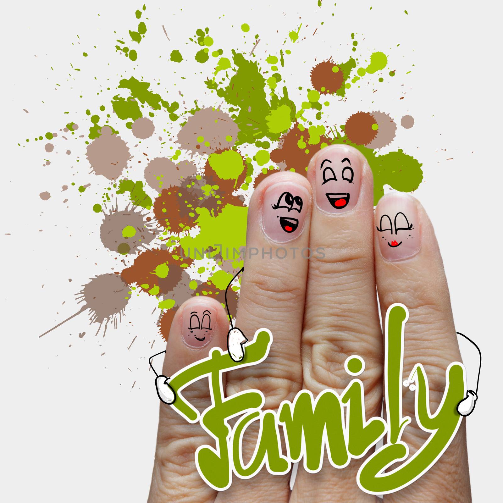 the happy finger family holding family word on splash colors background