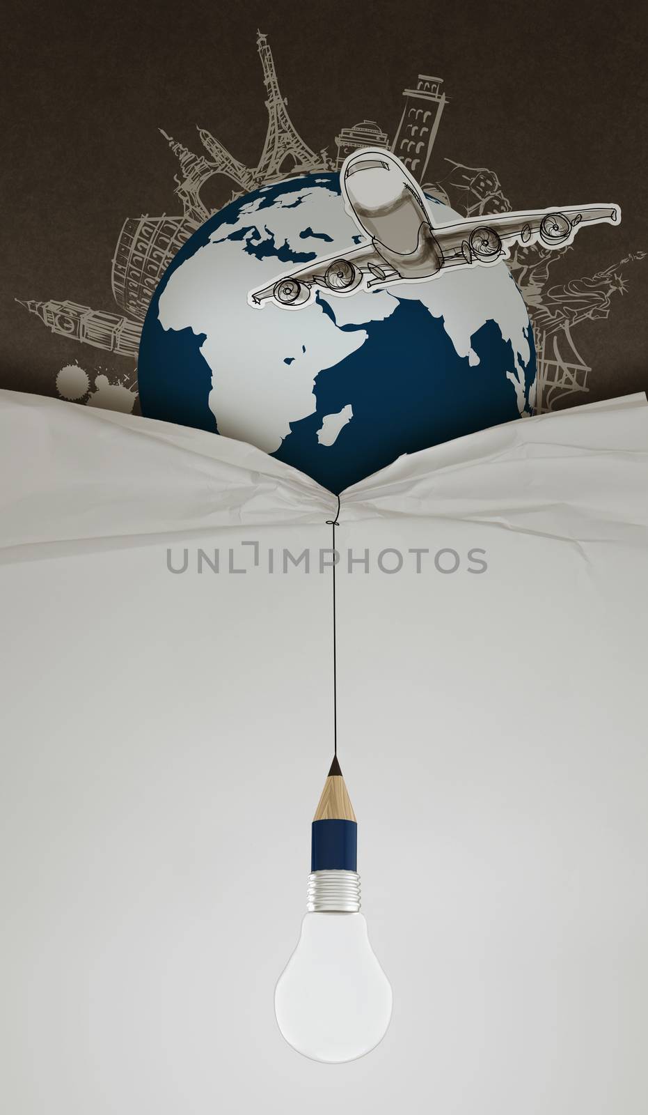pencil lightbulb draw rope open wrinkled paper show airplane traveling around the world as concept