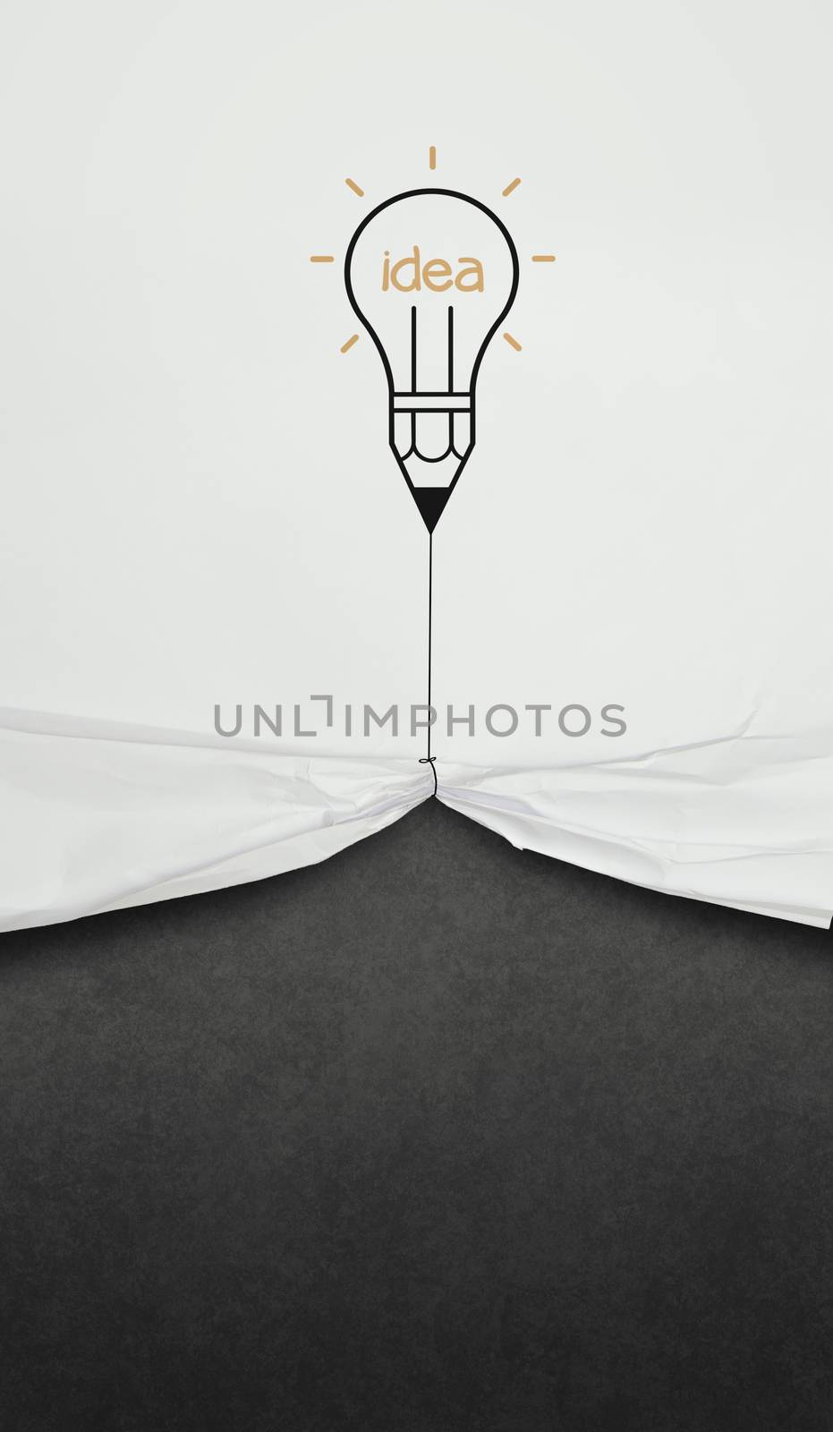 pencil lightbulb draw rope open wrinkled paper show blank black board as concept
