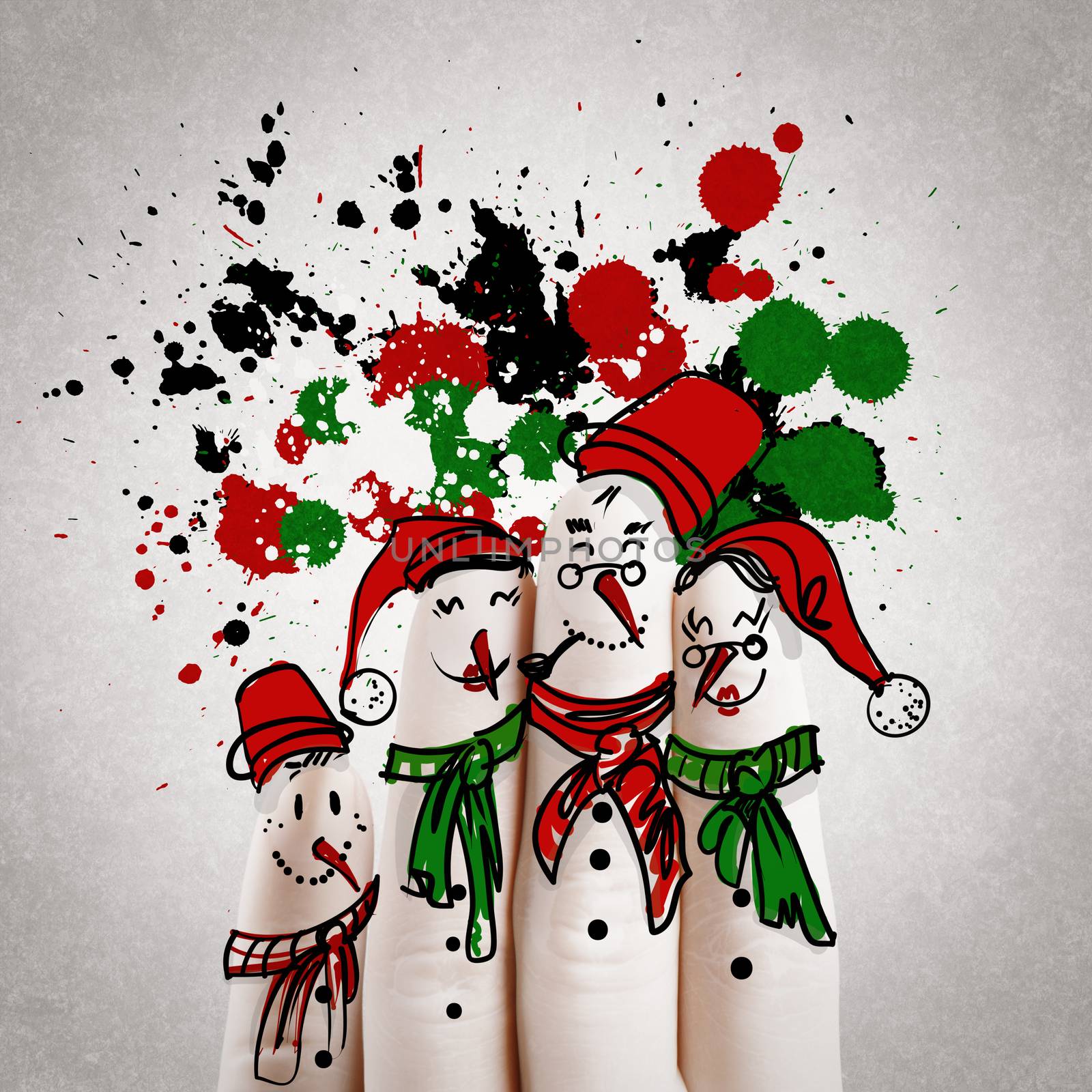 A lovely family hand drawn and finger of snowmen on splash colors background,as concept idea