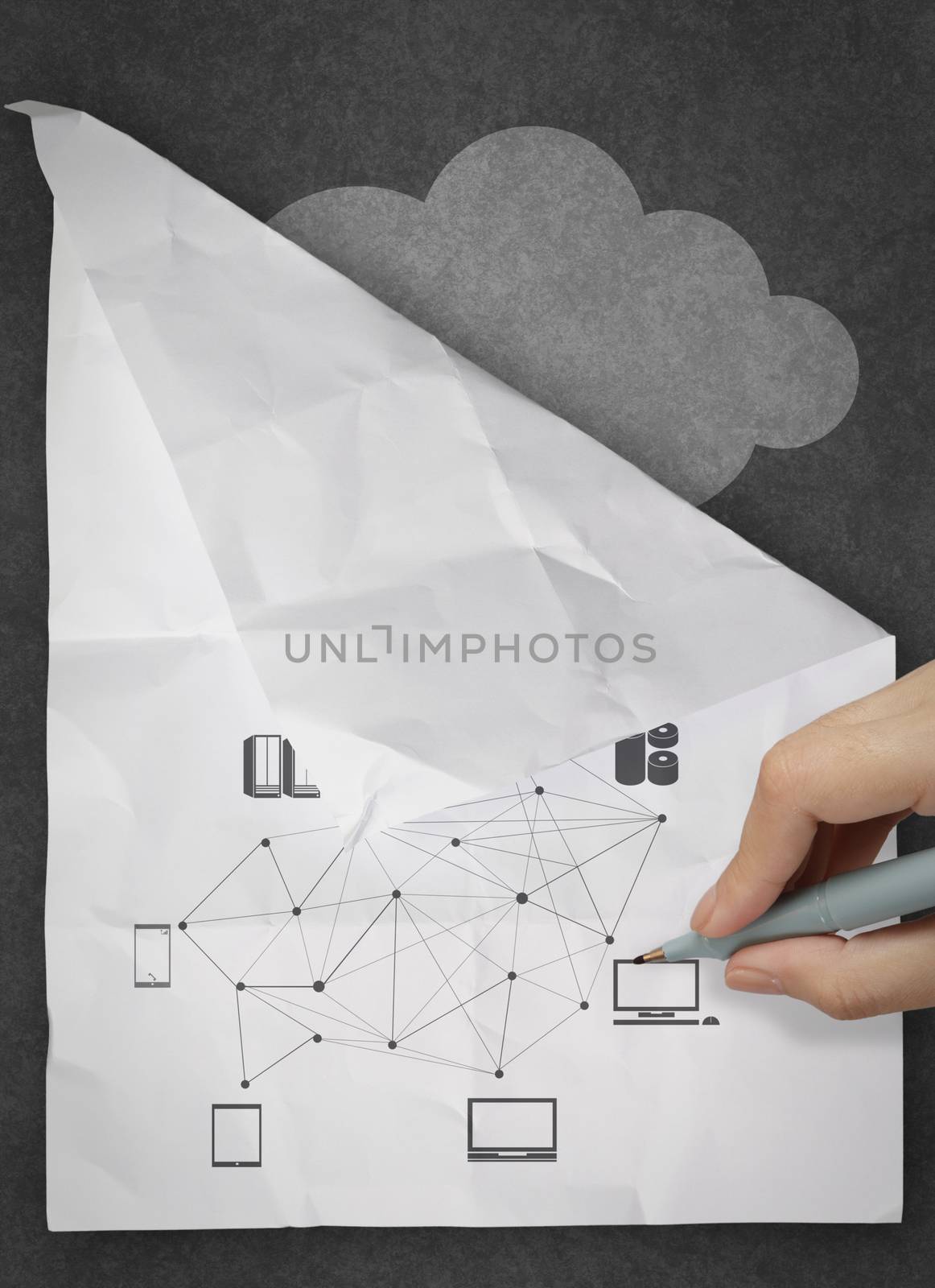 hand drawing crumpled paper Cloud Computing diagram as concept